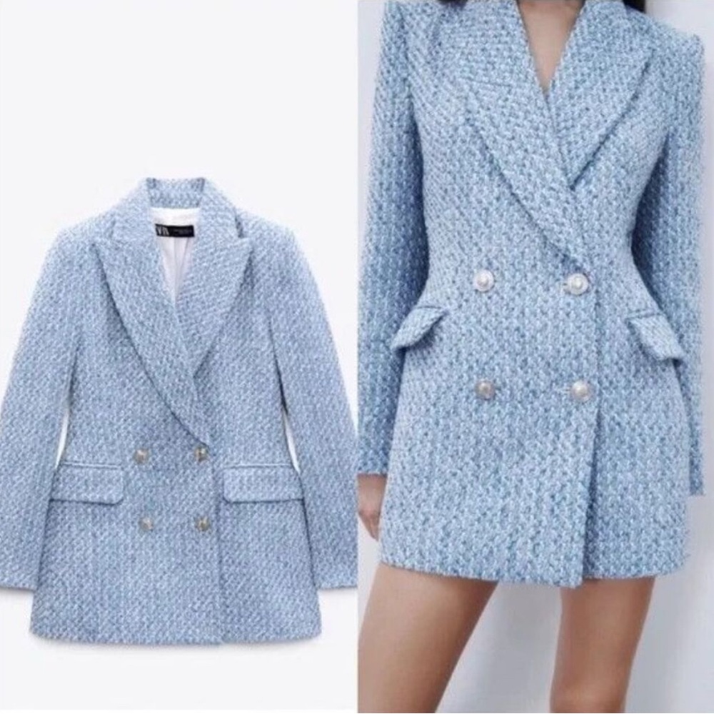 Zara Women's Blue Tweed Double-Breasted Blazer
